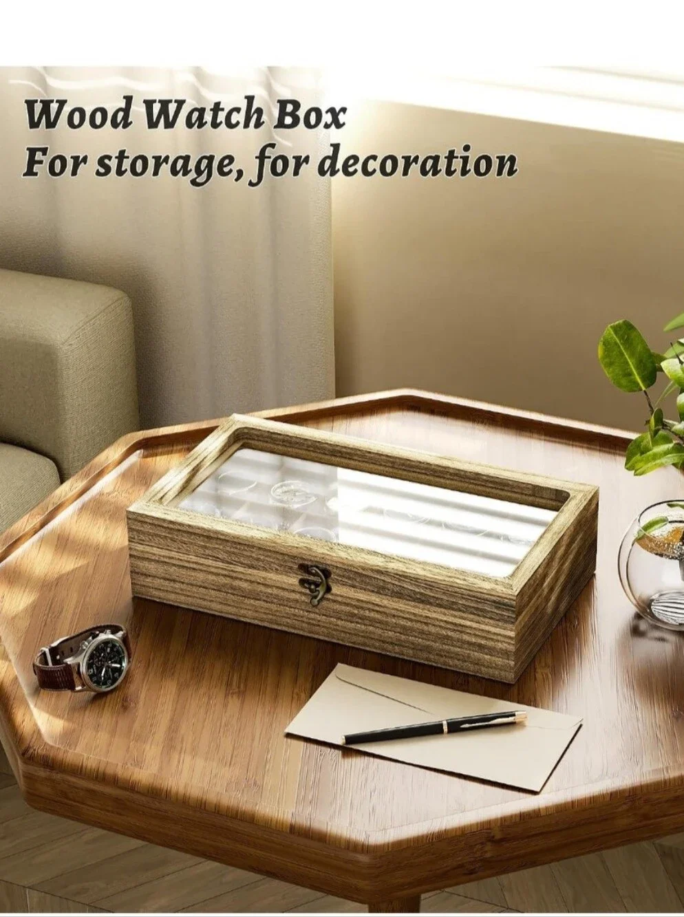 Wooden Glass-Top Watch Storage Box - 12 Slot - Natural Brown